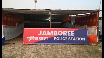 The police station set up at the national jamboree event at the Defence Expo Ground, Vrindavan Sector 15, in Lucknow. (Mushtaq Ali/HT Photo) The police station set up at the national jamboree event at the Defence Expo Ground, Vrindavan Sector 15, in Lucknow. (Mushtaq Ali/HT Photo)