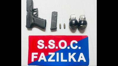 The state special operations cell (SSOC), Fazilka, has busted a cross-border weapon-smuggling module operating along the India-Pakistan border with the arrest of two persons and recovering two hand grenades, a 9mm Glock pistol and live cartridges from their possession, officials said on Tuesday. The state special operations cell (SSOC), Fazilka, has busted a cross-border weapon-smuggling module operating along the India-Pakistan border with the arrest of two persons and recovering two hand grenades, a 9mm Glock pistol and live cartridges from their possession, officials said on Tuesday.