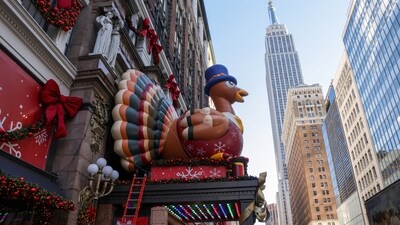 Decorations for Macy's Thanksgiving Day Parade and the holidays are installed outside Macy's Herald Square. (REUTERS)