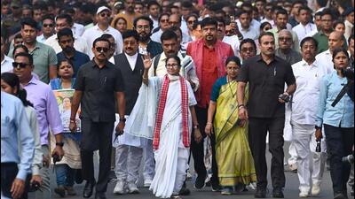 West Bengal chief minister Mamata Banerjee leads a march in North 24 Parganas district to protest the ongoing Special Intensive Revision (SIR) process of electoral rolls in the State on Tuesday. (Samir Jana/ Hindustan Times) West Bengal chief minister Mamata Banerjee leads a march in North 24 Parganas district to protest the ongoing Special Intensive Revision (SIR) process of electoral rolls in the State on Tuesday. (Samir Jana/ Hindustan Times)