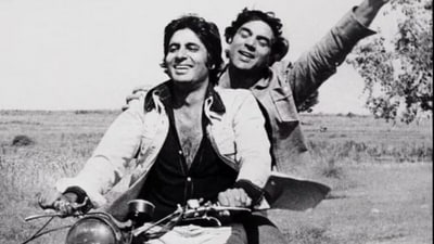 Amitabh Bachchan and Dharmendra in the 1975 blockbuster Sholay. Amitabh Bachchan and Dharmendra in the 1975 blockbuster Sholay.