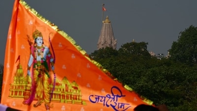 The hoisting was done on 'Abhijit Muhurat", a planetary constellation considered auspicious by Hindus (Deepak Gupta/Hindustan Times) The hoisting was done on 'Abhijit Muhurat", a planetary constellation considered auspicious by Hindus (Deepak Gupta/Hindustan Times)