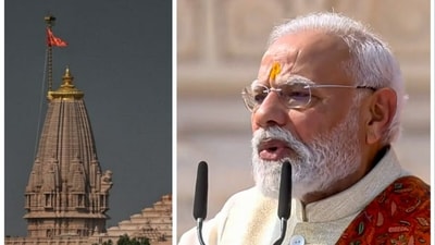 PM Modi on Tuesday hoisted a saffron flag at Ayodhya Ram Mandir, marking the completion of its construction (Deepak Gupta/Hindustan Times and PTI) PM Modi on Tuesday hoisted a saffron flag at Ayodhya Ram Mandir, marking the completion of its construction (Deepak Gupta/Hindustan Times and PTI)