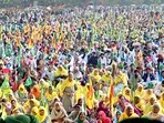 Farmers during Samyukt Kisan Morcha rally at Sector 43 on Wednesday. (Ravi Kumar/HT) Farmers during Samyukt Kisan Morcha rally at Sector 43 on Wednesday. (Ravi Kumar/HT)