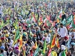Farmers protesting at the Dussehra Ground in Sector 43, Chandigarh, on Wednesday. (Ravi Kumar/HT)