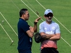 Indian Cricket Team coach Gautam Gambhir and BCCI selector Ajit Agarkar discussing at Eden Gardens Indian Cricket Team coach Gautam Gambhir and BCCI selector Ajit Agarkar discussing at Eden Gardens