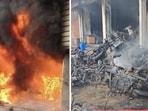 The blaze started inside the showroom on Feet Road and rapidly spread across the ground floor, where dozens of EVs were parked. The blaze started inside the showroom on Feet Road and rapidly spread across the ground floor, where dozens of EVs were parked.
