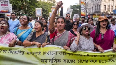 A section of BLOs protested outside the West Bengal Chief Electoral Officer (CEO)’s office on Monday. (PTI) A section of BLOs protested outside the West Bengal Chief Electoral Officer (CEO)’s office on Monday. (PTI)