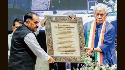J&K lieutenant governor Manoj Sinha being felicitated during the Constitution Day celebrations in Jammu on Wednesday. (ANI)