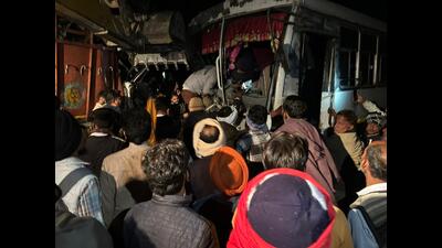 Rescue work underway after a bus and truck collided in Fazilka on Wednesday. (HT)