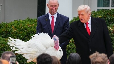 US President Donald Trump pardons Gobble, the 2025 National Thanksgiving Turkey, during a ceremony in the Rose Garden of the White House in Washington, DC, US, on Tuesday, Nov. 25, 2025. (Bloomberg) US President Donald Trump pardons Gobble, the 2025 National Thanksgiving Turkey, during a ceremony in the Rose Garden of the White House in Washington, DC, US, on Tuesday, Nov. 25, 2025. (Bloomberg)