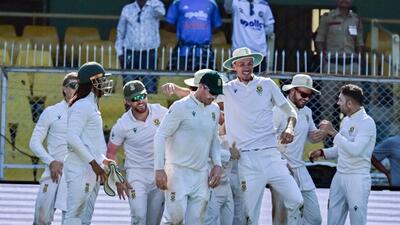 The South African team celebrates at ACA Stadium in Guwahati on Wednesday. (ANI) The South African team celebrates at ACA Stadium in Guwahati on Wednesday. (ANI)