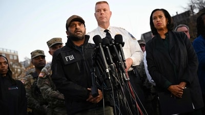 Kash Patel, DC Mayor Muriel Bowser, and Metropolitan Police Department Executive Assistant Chief Jeffery Carrroll speaks during a press conference after a shooting near the White House. (AFP) Kash Patel, DC Mayor Muriel Bowser, and Metropolitan Police Department Executive Assistant Chief Jeffery Carrroll speaks during a press conference after a shooting near the White House. (AFP)