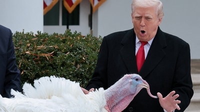 U.S. President Donald Trump looks at Gobble one of two turkeys to be ceremonially pardoned for Thanksgiving in the Rose Garden at the White House in Washington, D.C., U.S., November 25, 2025. REUTERS/Jonathan Ernst (REUTERS)