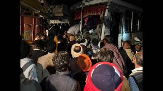 Rescue work underway after a bus and truck collided in Fazilka on Wednesday. (HT)