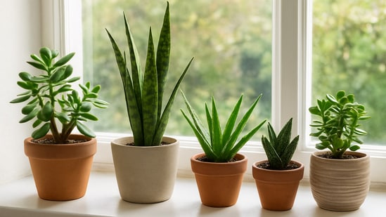 Long living succulents arranged on a bright windowsill, adding soft texture and easy charm to a cosy indoor space. (Ai Generated)