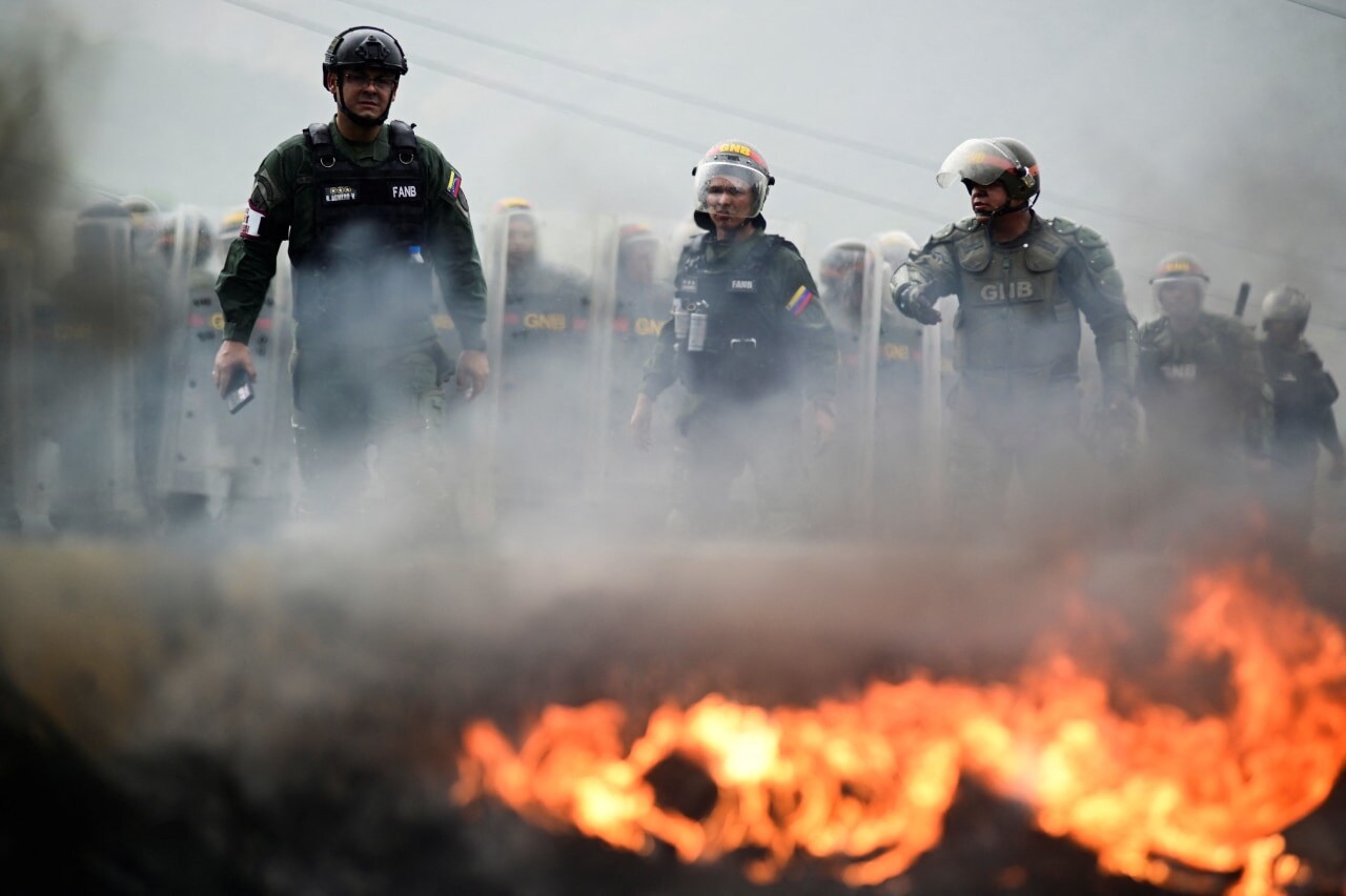 Venezuelan riot police following clashes with demonstrators after the 2024 presidential election.
