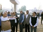 Bihar chief minister Nitish Kumar inspects Mithapur Mehuli-Punpun Path and Mithapur to Chiraiyatand flyover at Mithapur in Patna, on Thursday (Santosh Kumar/HT)