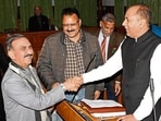 CM Sukhvinder Singh Sukhu meets LoP Jai Ram Thakur on Day 1 of the winter session in Dharamshala on Wednesday. (HT Photo)