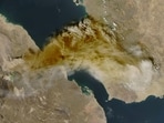 A satellite image shows ash rising from the eruption of the Hayli Gubbi volcano in Ethiopia on Sunday. (NASA handout via Reuters)