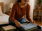 A solo traveller packs light layers, safety tools and daily essentials in a cosy room before setting off for a relaxed India getaway.(Ai generated)
