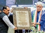 J&K lieutenant governor Manoj Sinha being felicitated during the Constitution Day celebrations in Jammu on Wednesday. (ANI)