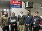 The accused ASI Jaswinder Singh (face covered) in VB custody. The accused ASI Jaswinder Singh (face covered) in VB custody.