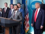 File photo of President Donald Trump with FBI director Kash Patel, Defense Secretary Pete Hegseth, Interior Secretary Doug Burgum and Army Secretary Dan Driscoll listen in the James Brady Press Briefing Room at the White House, Monday, Aug. 11, 2025, in Washington. (AP Photo/Mark Schiefelbein)