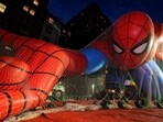 A view of the Spider-Man balloon during Macy's Balloon Inflation 2025.