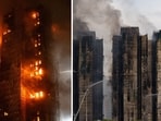 Firefighters work to extinguish a fire which broke out Wednesday at Wang Fuk Court, a residential estate in the Tai Po district of Hong Kong. 