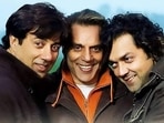 Sunny Deol, Dharmendra and Bobby Deol in a still from Apne. Sunny Deol, Dharmendra and Bobby Deol in a still from Apne.
