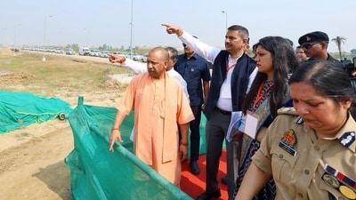 Noida, Oct 25 (ANI): Uttar Pradesh Chief Minister Yogi Adityanath inspects the Noida International Airport construction at Jewar ahead of its inauguration, in Noida on Saturday. (@CMOfficeUP X/ANI Photo) (CM Office, GoUP X) Noida, Oct 25 (ANI): Uttar Pradesh Chief Minister Yogi Adityanath inspects the Noida International Airport construction at Jewar ahead of its inauguration, in Noida on Saturday. (@CMOfficeUP X/ANI Photo) (CM Office, GoUP X)