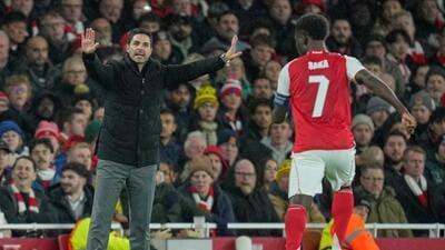 Arsenal's manager Mikel Arteta gestures from the touchline during the Champions League match against Bayern Munich. (AP) Arsenal's manager Mikel Arteta gestures from the touchline during the Champions League match against Bayern Munich. (AP)
