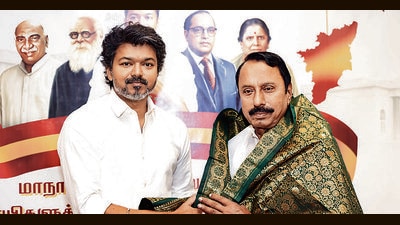 Former AIADMK veteran and nine-time MLA K.A. Sengottaiyan joins Tamilaga Vettri Kazhagam (TVK) in the presence of party chief Vijay, at the party office at Panaiyur, Chennai on Thursday. (ANI PHOTO) Former AIADMK veteran and nine-time MLA K.A. Sengottaiyan joins Tamilaga Vettri Kazhagam (TVK) in the presence of party chief Vijay, at the party office at Panaiyur, Chennai on Thursday. (ANI PHOTO)