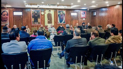 J&K CM Omar Abdullah,former CM Farooq Abdullah and other party leaders attend Jammu and Kashmir National Conference central working committee meeting, in Srinagar on Thursday. (ANI) J&K CM Omar Abdullah,former CM Farooq Abdullah and other party leaders attend Jammu and Kashmir National Conference central working committee meeting, in Srinagar on Thursday. (ANI)