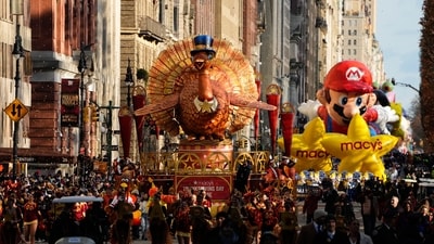 The Tom Turkey float makes its way down Central Park West to kick off the Macy's Thanksgiving Day Parade, Thursday, Nov. 27, 2025, in New York (AP) The Tom Turkey float makes its way down Central Park West to kick off the Macy's Thanksgiving Day Parade, Thursday, Nov. 27, 2025, in New York (AP)