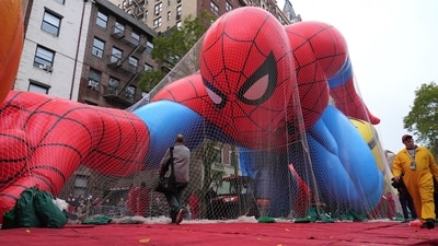 Spider-Man balloon inflation during preparations for the 99th Macy's Thanksgiving Day Parade on Wednesday (AP) Spider-Man balloon inflation during preparations for the 99th Macy's Thanksgiving Day Parade on Wednesday (AP)