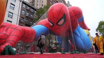 Volunteers pass a Spider-Man balloon during preparations for the 99th Macy's Thanksgiving Day Parade Wednesday, Nov. 26, 2025, in New York. (AP) Volunteers pass a Spider-Man balloon during preparations for the 99th Macy's Thanksgiving Day Parade Wednesday, Nov. 26, 2025, in New York. (AP)