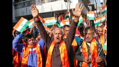 Members of Shiv Sena Dogra Front (SSDF) stage a protest over medical seats at Shri Mata Vaishno Devi Institute of Medical Excellence (SMVDIME), in Jammu, on Thursday. (PTI) Members of Shiv Sena Dogra Front (SSDF) stage a protest over medical seats at Shri Mata Vaishno Devi Institute of Medical Excellence (SMVDIME), in Jammu, on Thursday. (PTI)