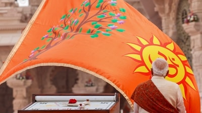Prime Minister Narendra Modi during the Dhwajarohan ceremony at the Ram Temple, in Ayodhya (PMO) Prime Minister Narendra Modi during the Dhwajarohan ceremony at the Ram Temple, in Ayodhya (PMO)