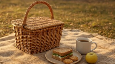 A cane picnic basket rests on a soft rug as winter light adds charm to a relaxed picnic spread outdoors. (AI generated) A cane picnic basket rests on a soft rug as winter light adds charm to a relaxed picnic spread outdoors. (AI generated)