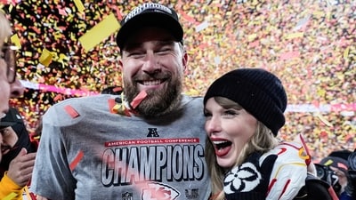 Travis Kelce, left, and Taylor Swift pose after the AFC Championship NFL football game against the Buffalo Bills (AP) Travis Kelce, left, and Taylor Swift pose after the AFC Championship NFL football game against the Buffalo Bills (AP)