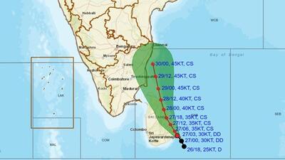 Trajectory of the deep depression in the Bay of Bengal. (IMD) Trajectory of the deep depression in the Bay of Bengal. (IMD)