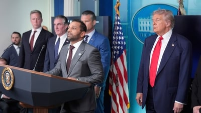 File photo of President Donald Trump with FBI director Kash Patel, Defense Secretary Pete Hegseth, Interior Secretary Doug Burgum and Army Secretary Dan Driscoll listen in the James Brady Press Briefing Room at the White House, Monday, Aug. 11, 2025, in Washington. (AP Photo/Mark Schiefelbein) (AP) File photo of President Donald Trump with FBI director Kash Patel, Defense Secretary Pete Hegseth, Interior Secretary Doug Burgum and Army Secretary Dan Driscoll listen in the James Brady Press Briefing Room at the White House, Monday, Aug. 11, 2025, in Washington. (AP Photo/Mark Schiefelbein) (AP)