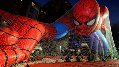 A view of the Spider-Man balloon during Macy's Balloon Inflation 2025. (Getty Images via AFP) A view of the Spider-Man balloon during Macy's Balloon Inflation 2025. (Getty Images via AFP)
