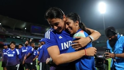 Smriti Mandhana and Jemimah Rodrigues share an embrace during and India Women's World Cup match. (AFP) Smriti Mandhana and Jemimah Rodrigues share an embrace during and India Women's World Cup match. (AFP)