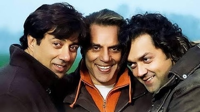 Sunny Deol, Dharmendra and Bobby Deol in a still from Apne. Sunny Deol, Dharmendra and Bobby Deol in a still from Apne.