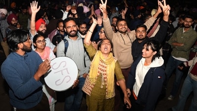 Students celebrate at Panjab University, Chandigarh, after announcement of the PU senate election dates, on Thursday, November 27, 2025. (Ravi Kumar/HT Photo) Students celebrate at Panjab University, Chandigarh, after announcement of the PU senate election dates, on Thursday, November 27, 2025. (Ravi Kumar/HT Photo)