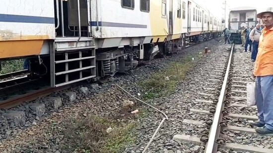 Dumka: Two coaches of 63081 Rampurhat-Jasidih EMU local passenger train derail near Dumka railway station, in Dumka on Thursday. The derailed bogie damaged an OHE electric pole. (ANI Video Grab) (ANI Video Grab)