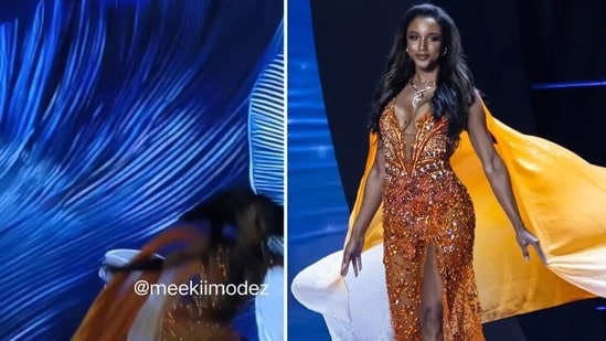 Miss Jamaica Gabrielle Henry suffered a serious fall from the stage during the preliminary evening gown competition and had to be taken to the hospital on a stretcher. (Instagram/ meekiimodez)